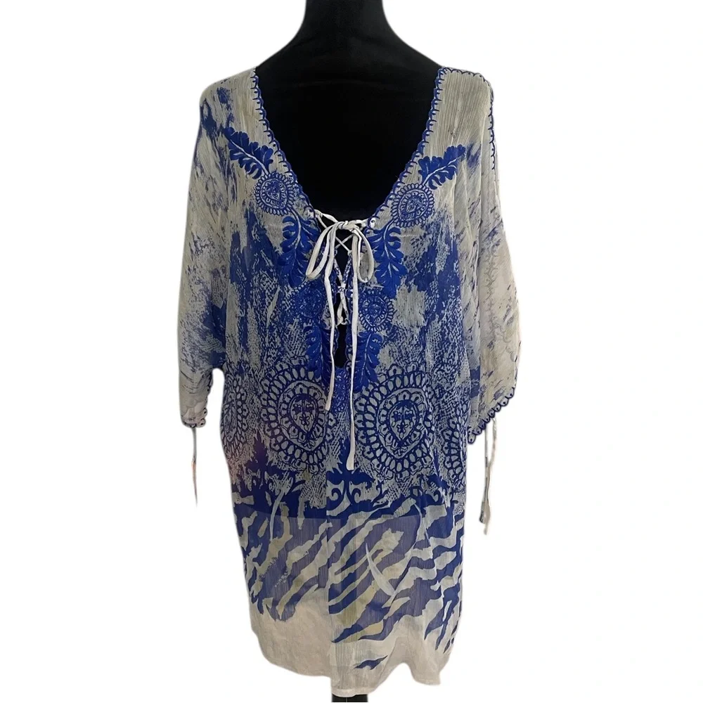 Arden B Blue and White, cream Swim Coverup, tunic, top,V-Neck, Small - Picture 7 of 7